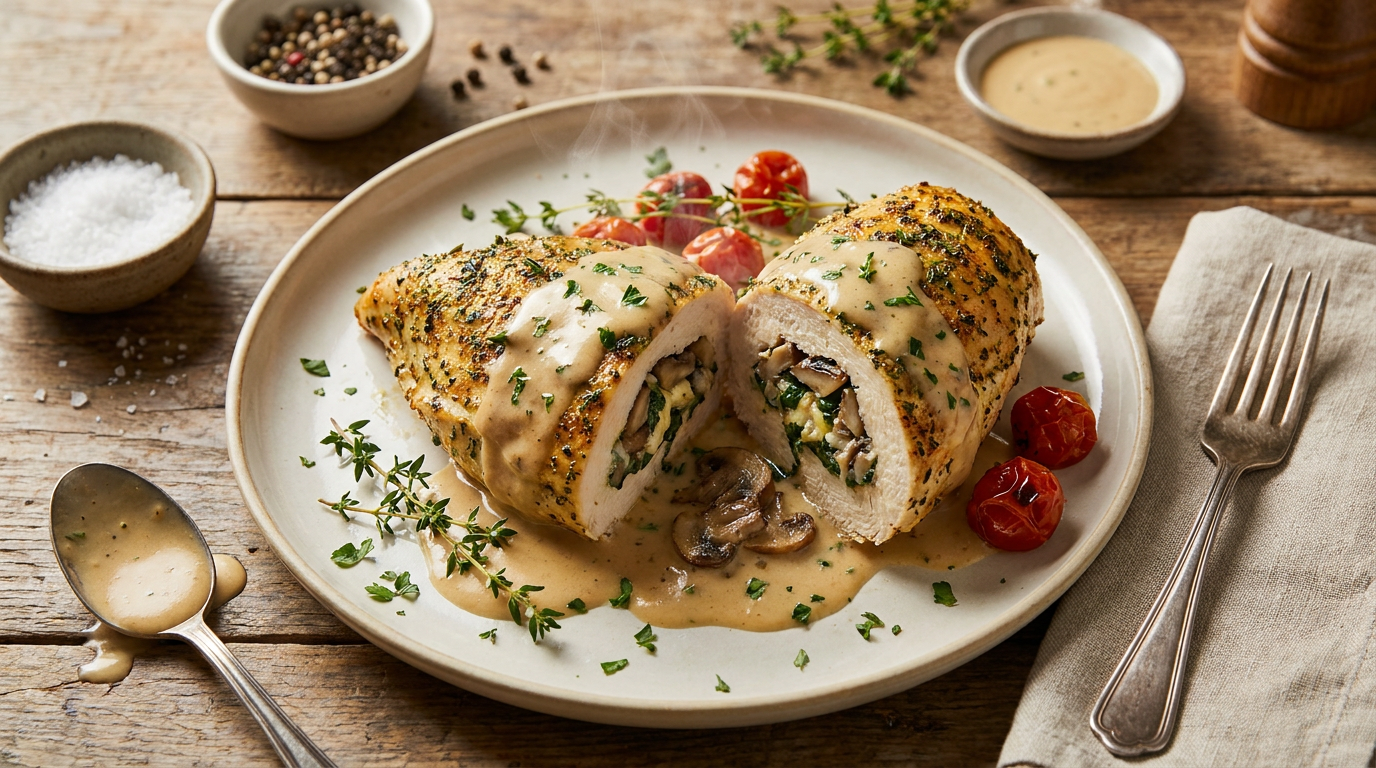 Mushroom and Spinach Stuffed Chicken Breast with Cream Sauce