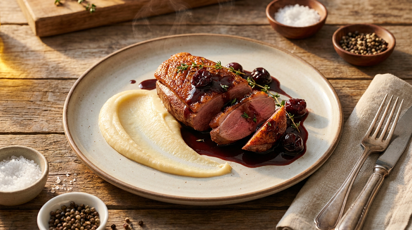Seared Duck Breast with Cherry Port Reduction and Parsnip Puree