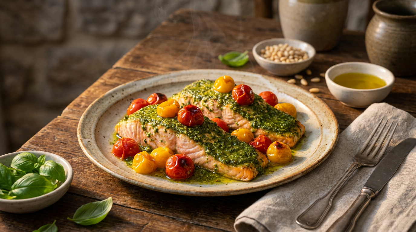 Pesto Salmon with Cherry Tomatoes