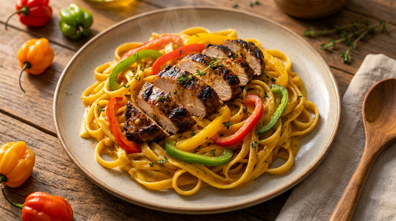 Rasta Pasta with Jerk Chicken and Bell Peppers
