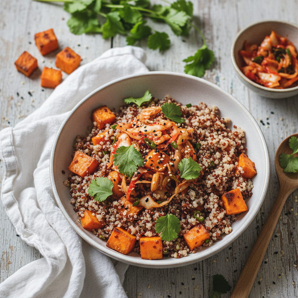 Quinoa Bowl with Roasted Sweet Potato and Kimchi