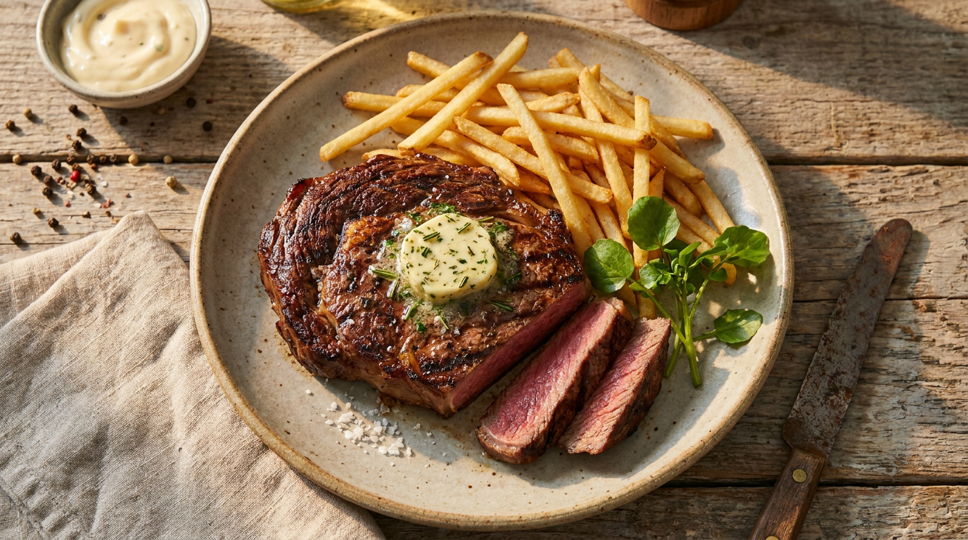 Classic Steak Frites with Garlic Herb Butter