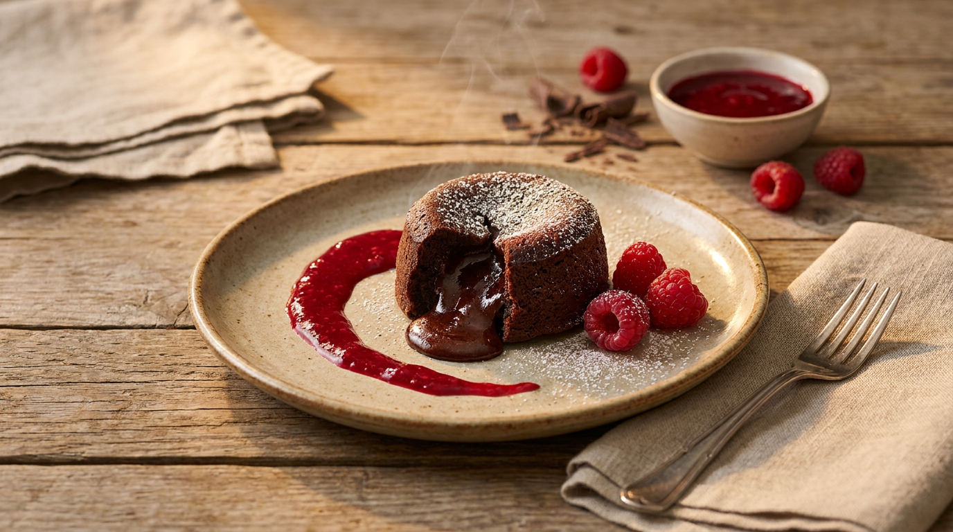 Dark Chocolate Lava Cakes with Raspberry Coulis