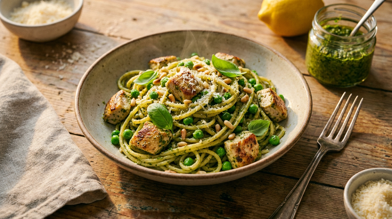 Pesto Pasta with Chicken & Peas