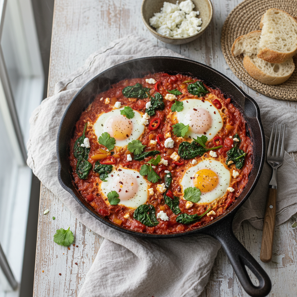 Spicy Shakshuka with Spinach and Feta