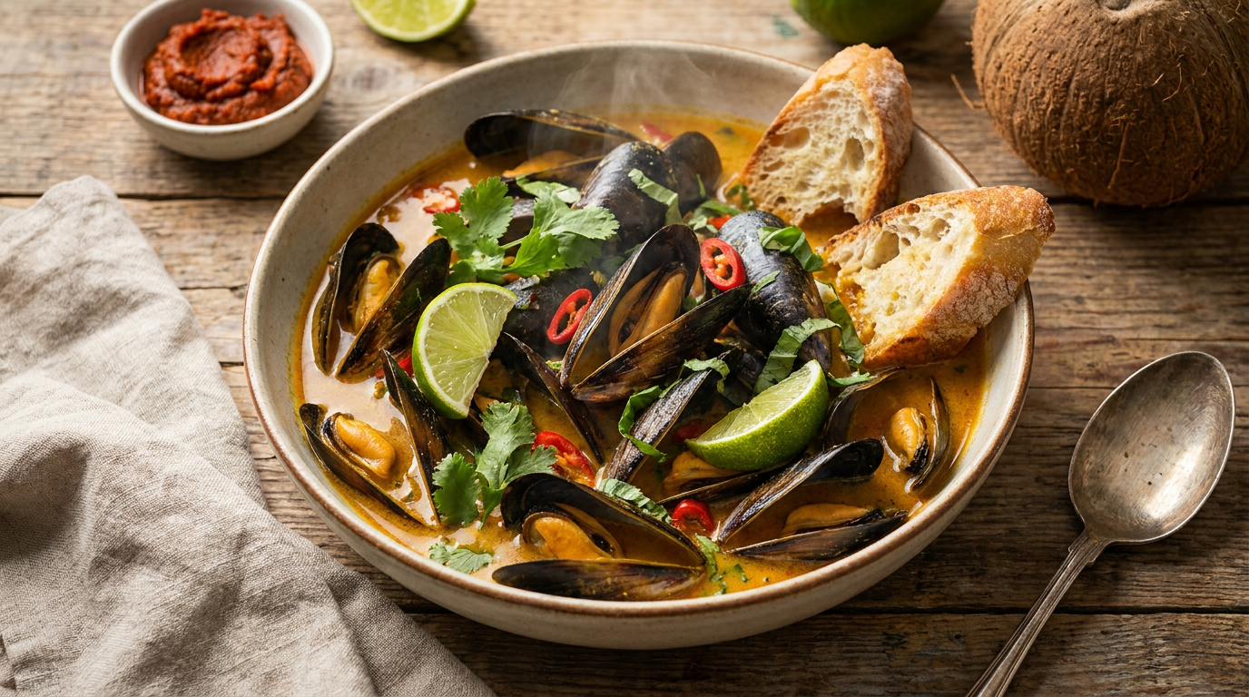 Spicy Coconut Curry Mussels