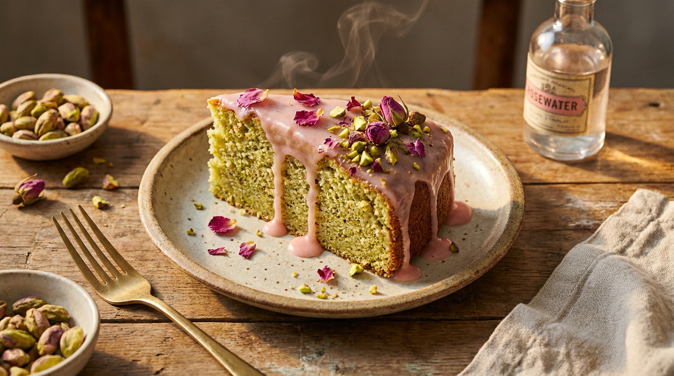 Pistachio Cake with Rosewater Glaze