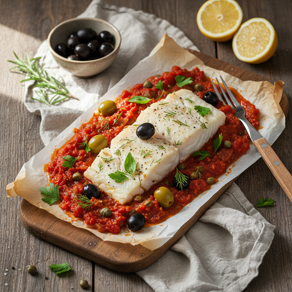 Baked Cod with Tomatoes and Olives