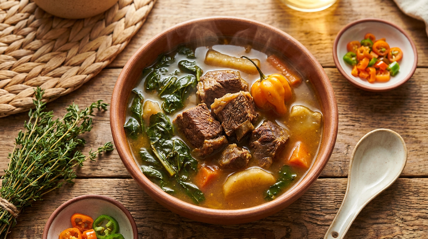 Jamaican Pepper Pot Soup with Callaloo and Beef