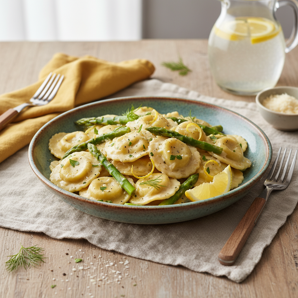 Alfredo Ravioli with Asparagus and Lemon