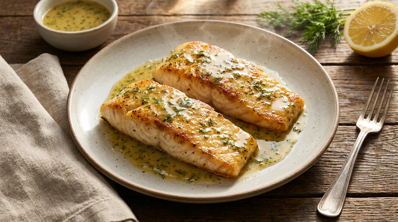 Seared Halibut with Lemon Dill Sauce