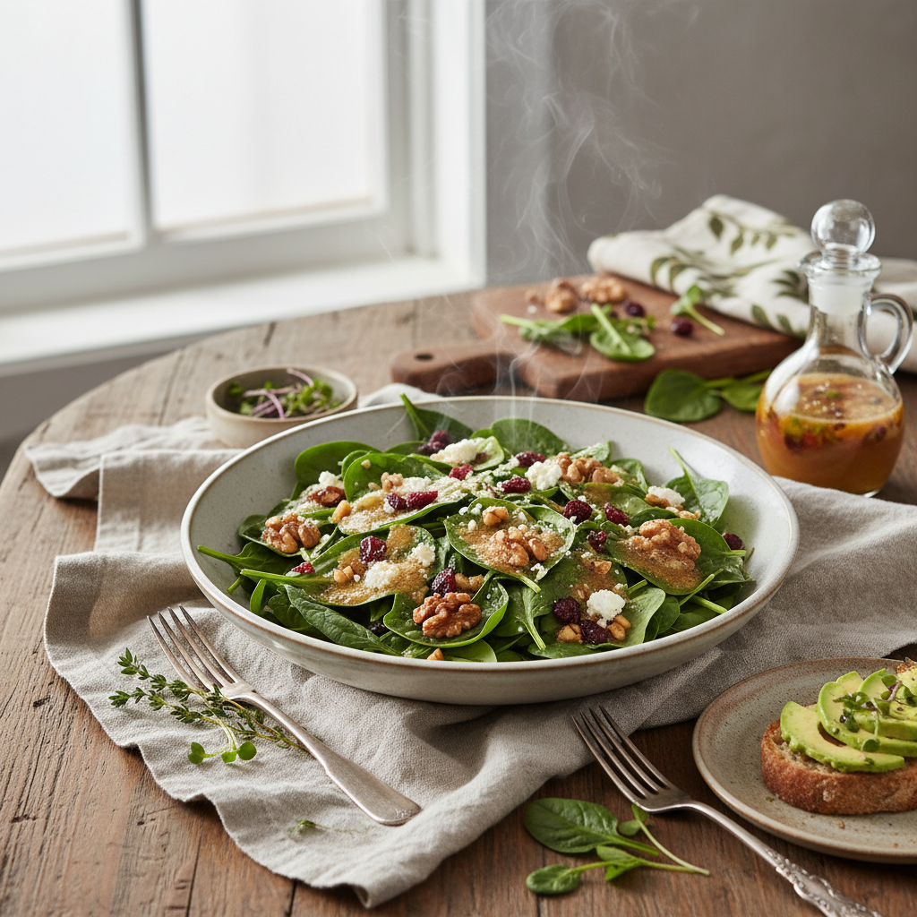 Warm Spinach Salad with Kombucha Vinaigrette