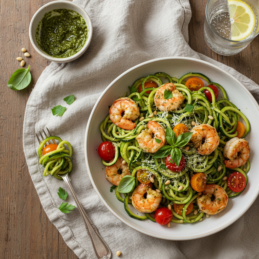Pesto Zucchini Noodles with Shrimp