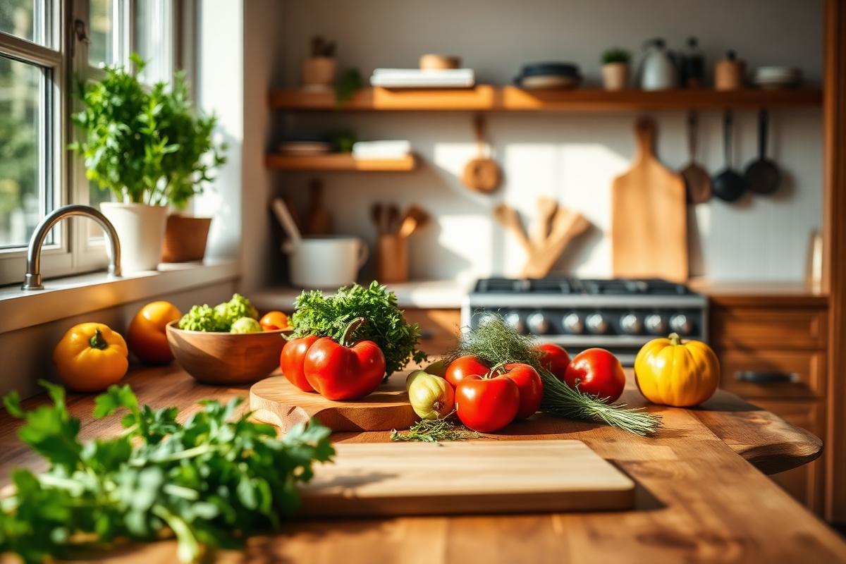 A warm home kitchen with fresh vegetables and herbs on a wooden counter