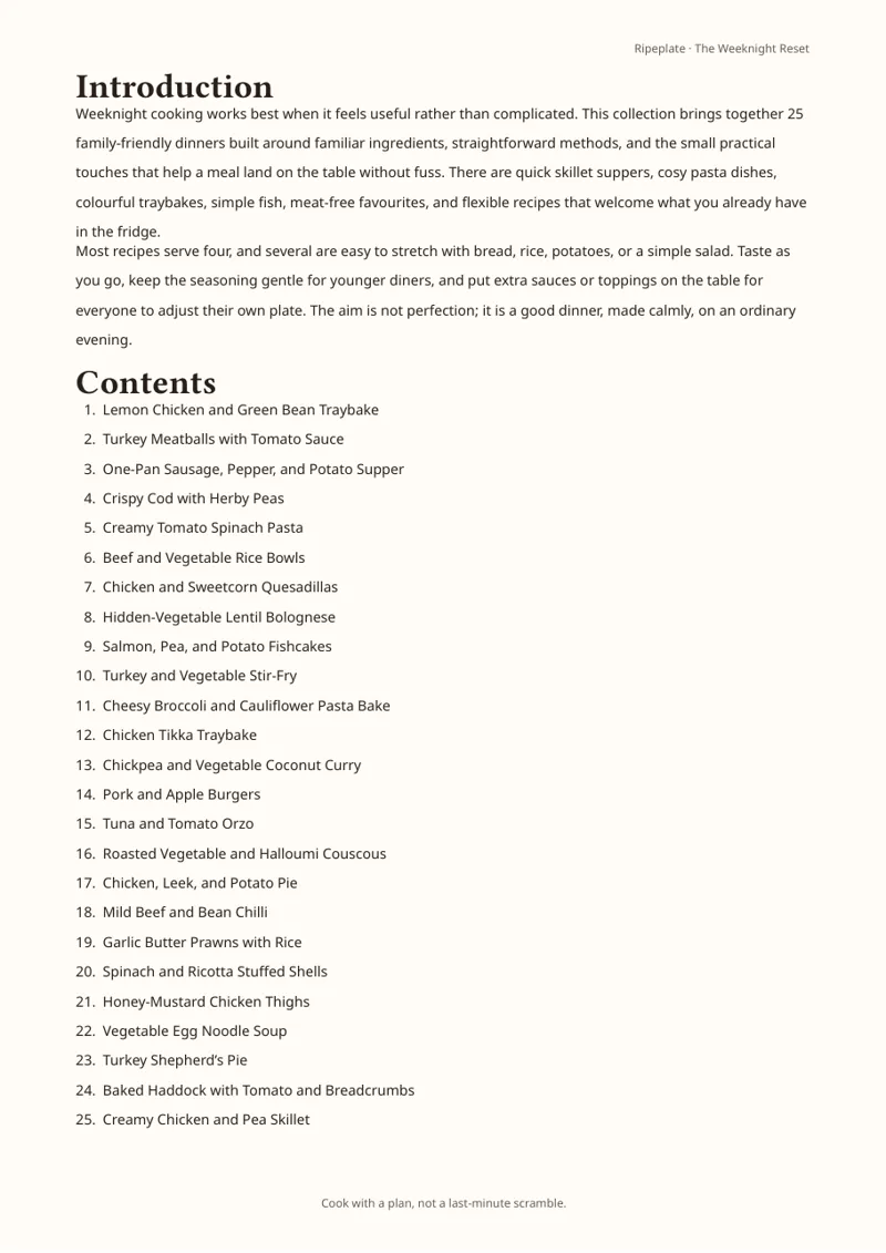 Preview: Family Weeknight recipe book contents